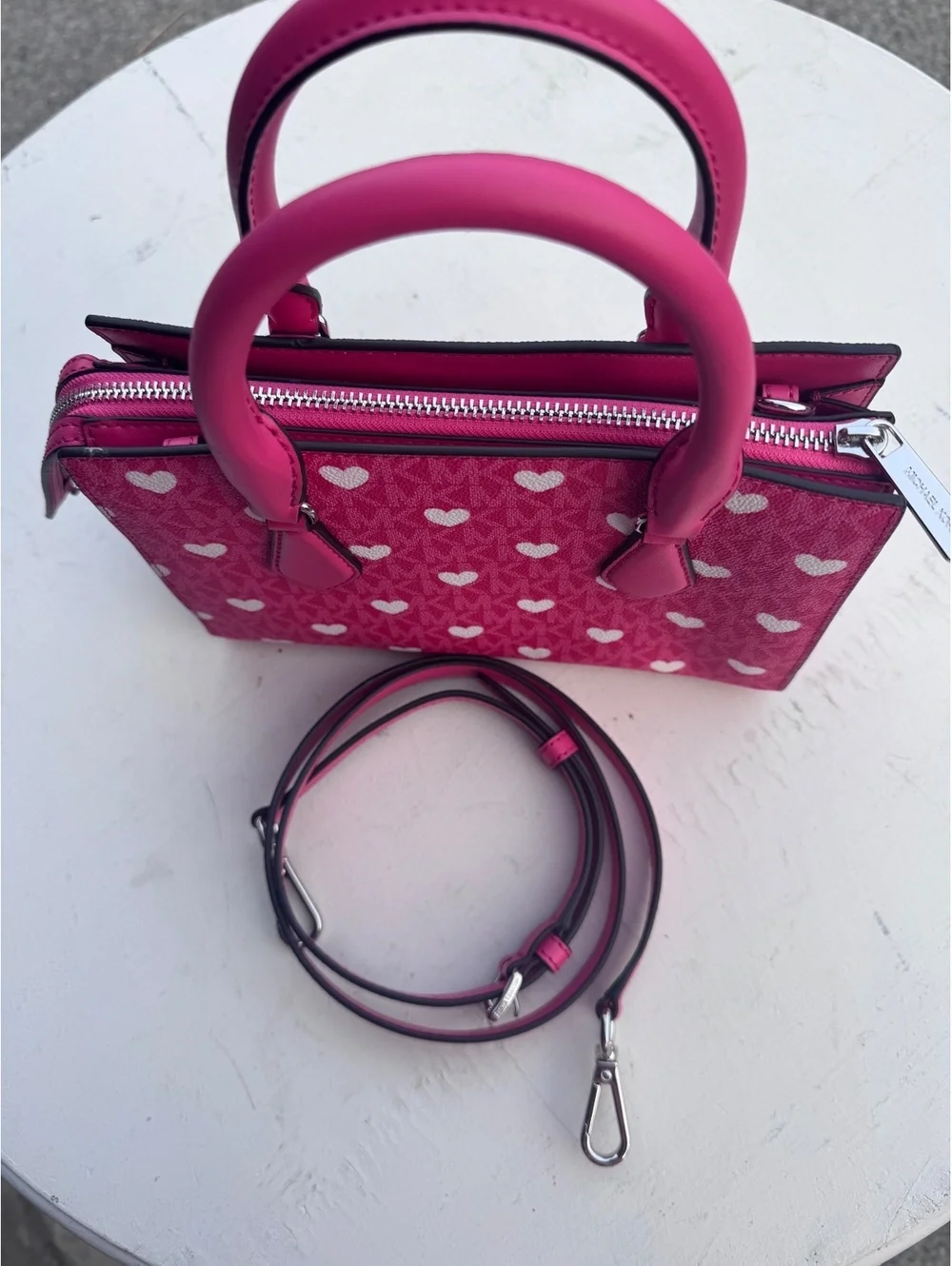 Michael Kors Sheila SM Center Zip Satchel Pink Heart Valentine Crossbody Bag